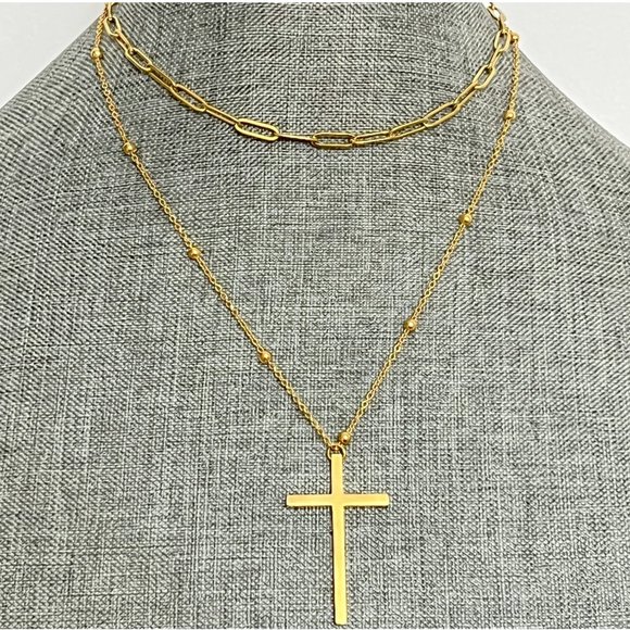 Big Cross Pendant Gold Necklace 2 Layer Necklace Gold Cross Necklace Lay… - Picture 4 of 11